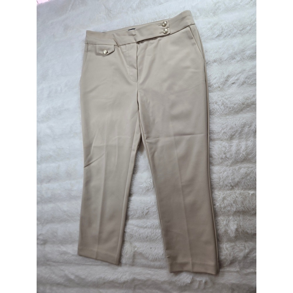JL Atelier Womens Beige Straight Leg Stretch Crop Trousers Crest Buttons Size M